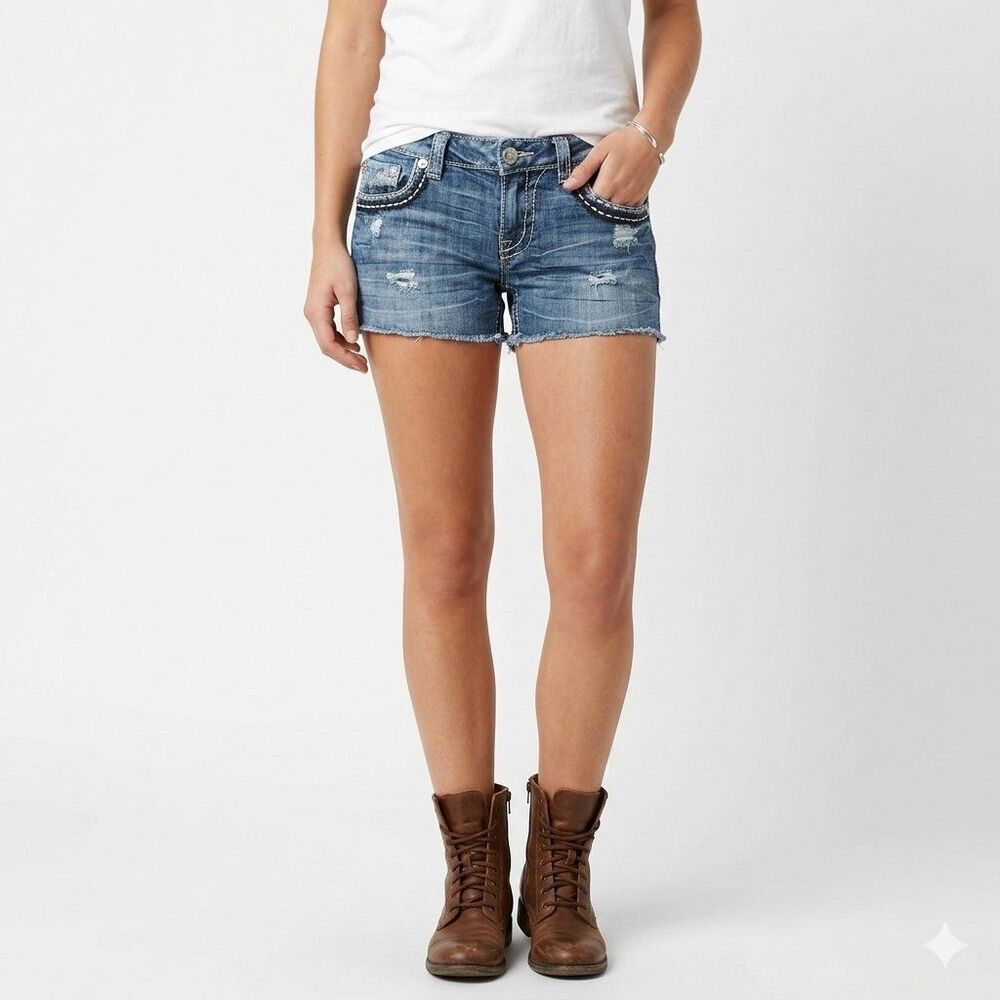 Miss Me Blue Jean Shorts Women's 29 Cutoff Medium Distressed Denim